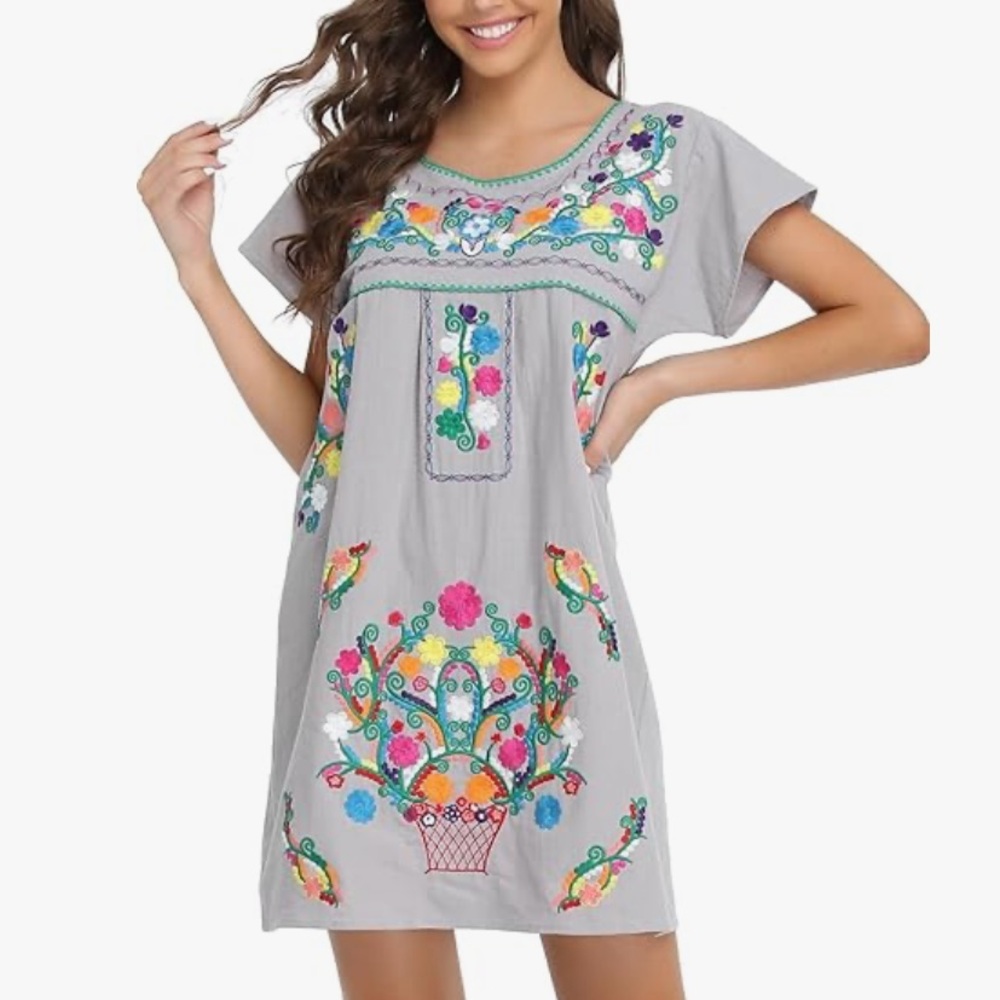 YZXDORWJ Women Mexican Embroidered Floral Dress Short Sleeve Size 2XL - Picture 13 of 15